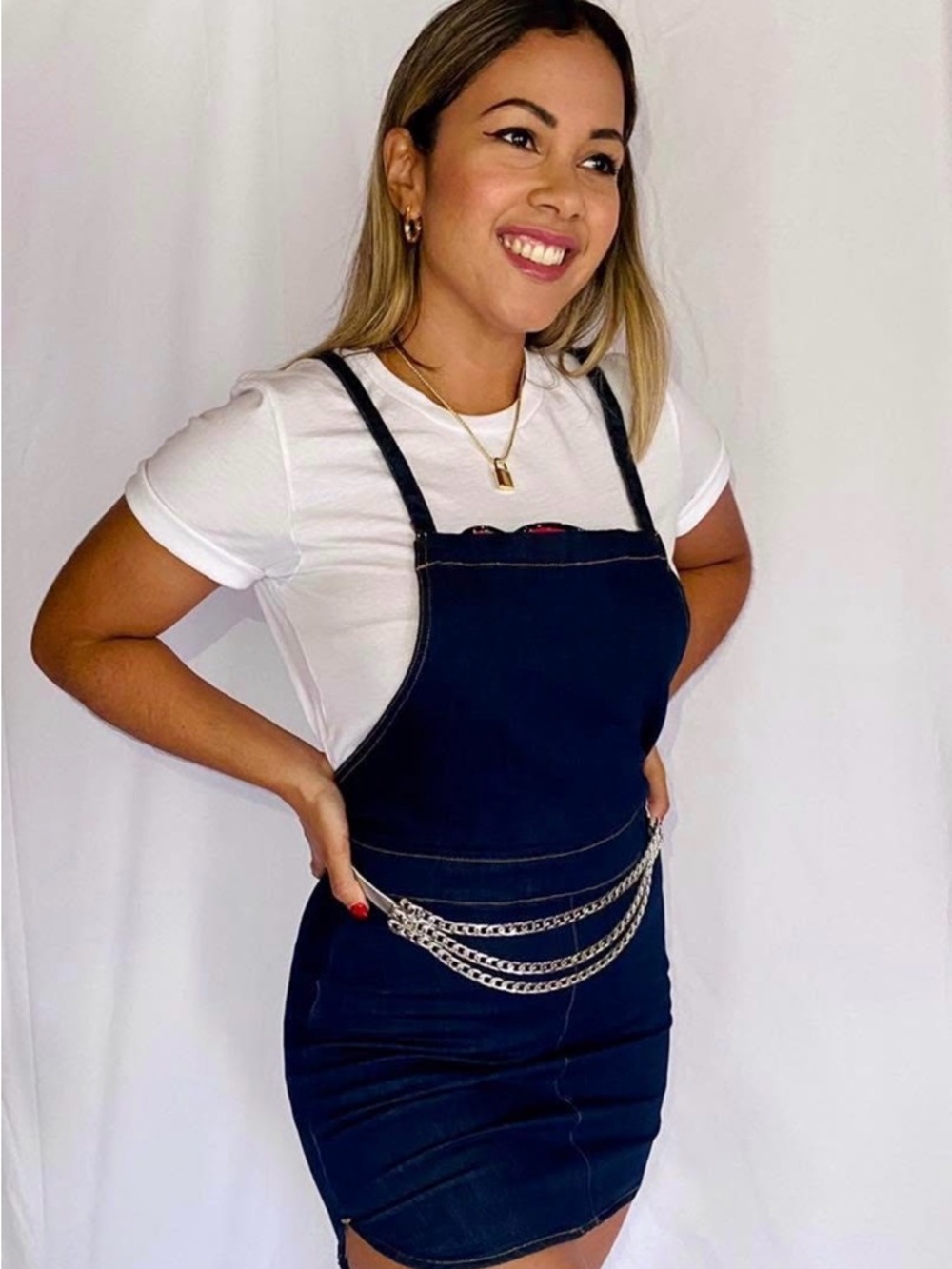 Black Label Navy Denim Overall Dress with Silver Chain